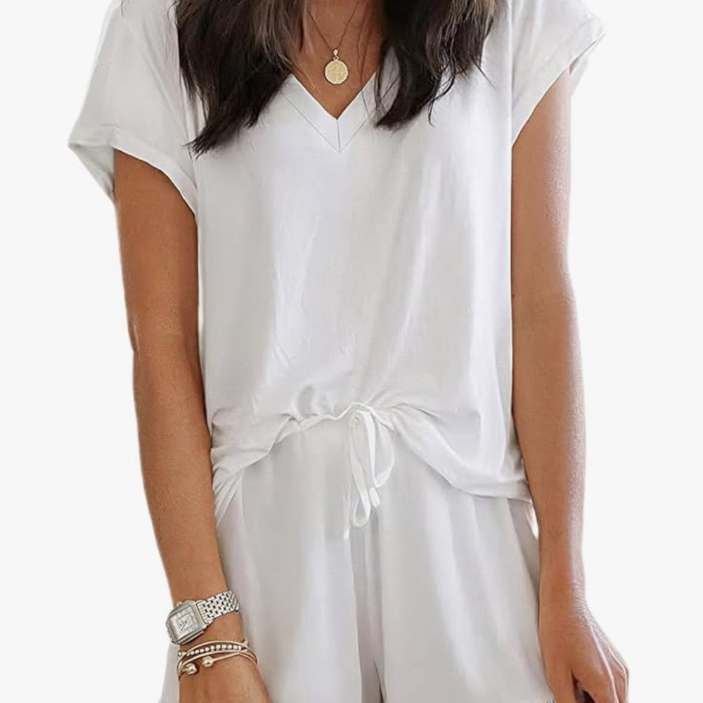 White V-Neck Short Sleeve Top & Ruffle Shorts